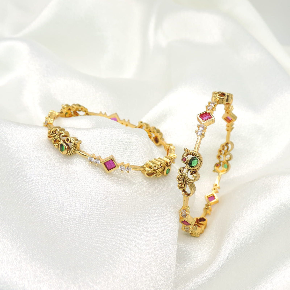 Traditional Gold Bangles with Red & Green Stone Accents (Set of 2)