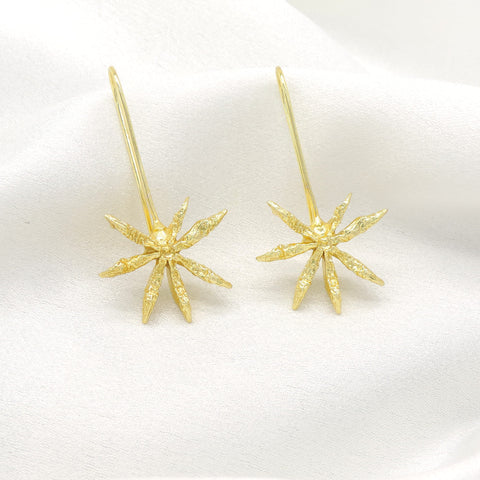 Gold Starburst Drop Earrings | Minimal Statement Long Hook Earrings | Joyrias