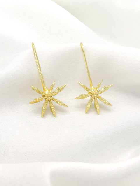Gold Starburst Drop Earrings | Minimal Statement Long Hook Earrings | Joyrias