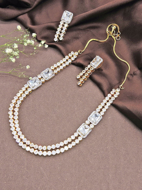 2 line gold tone AD necklace set – Indian double line American diamond necklace USA – Joyrias