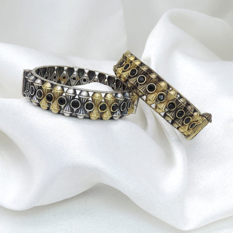 Oxidized dual-tone gold silver bangle set with black stone geometric detailing by joyrias