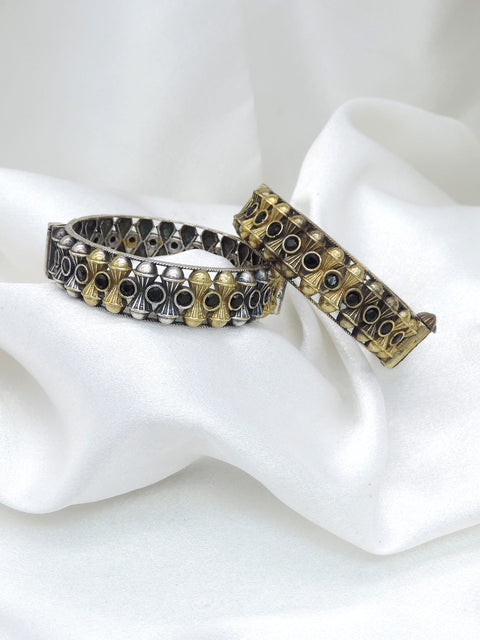 Oxidized dual-tone gold silver bangle set with black stone geometric detailing by joyrias