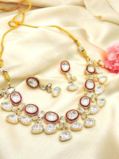 Kundan necklace set with red meenakari – Indian Kundan meenakari necklace for weddings USA – Joyrias