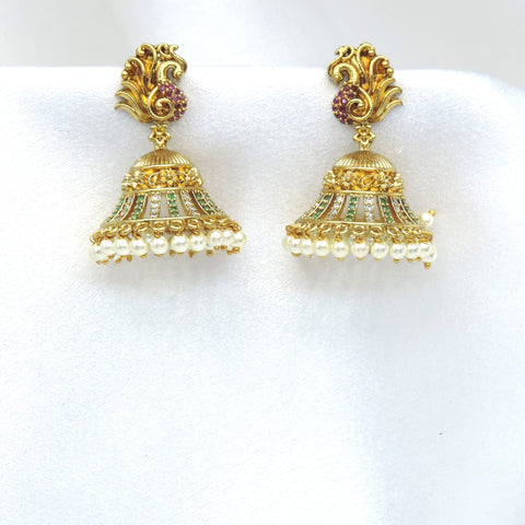 Gold-toned kundan floral jhumka earrings with green, maroon and pearl detailing by joyrias