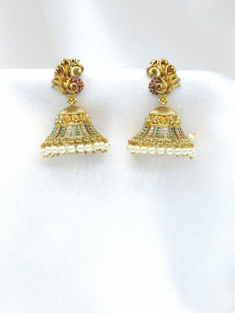 Gold-toned kundan floral jhumka earrings with green, maroon and pearl detailing by joyrias