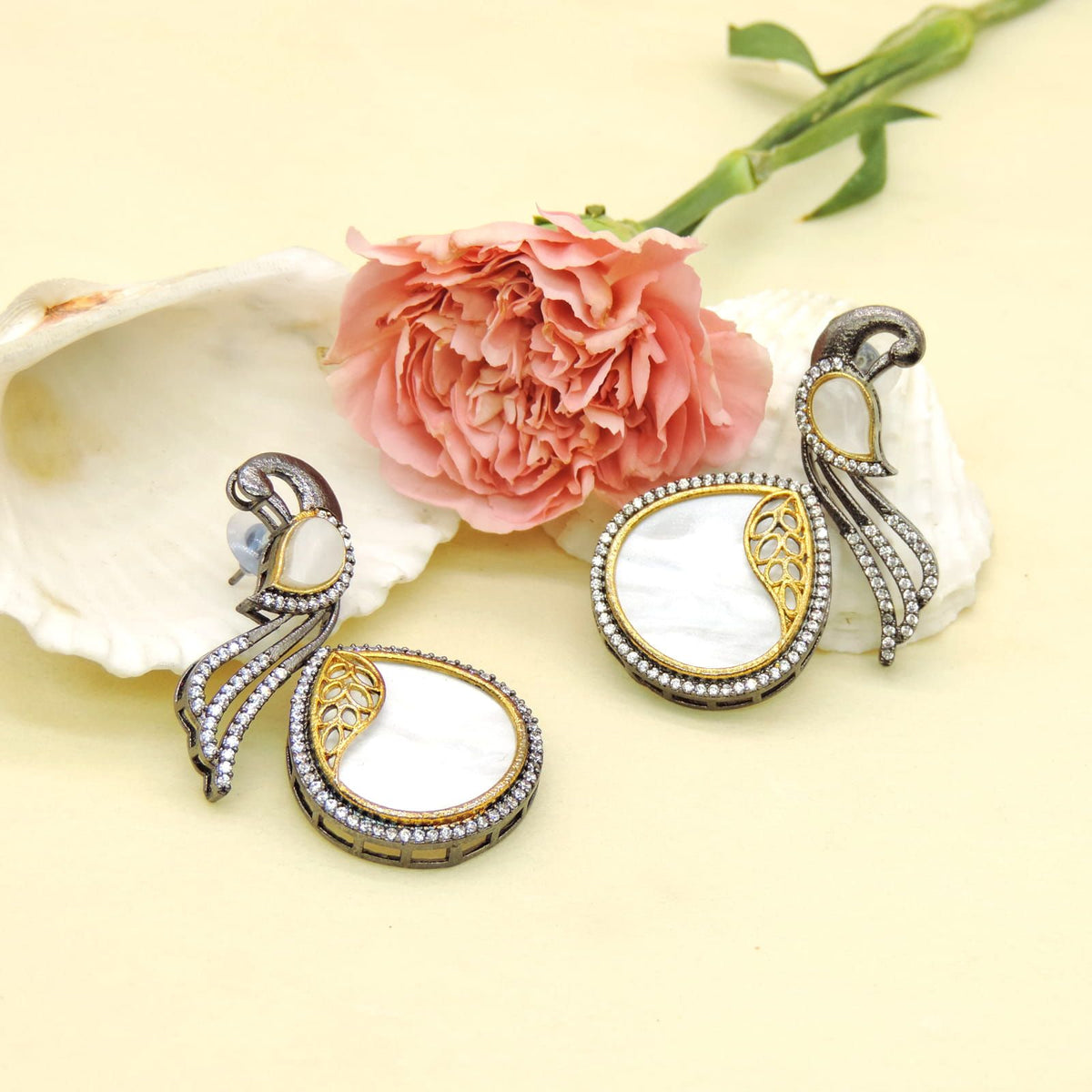 Dual Tone Swan Motif AD Statement Earrings