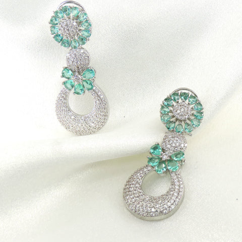 Luxury Mint Green Floral CZ Drop Earrings | Rhodium-Plated Statement Party Earrings for Women