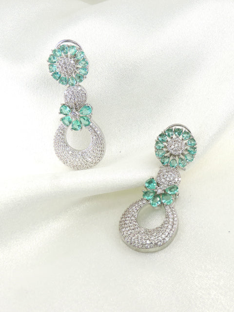 Luxury Mint Green Floral CZ Drop Earrings | Rhodium-Plated Statement Party Earrings for Women