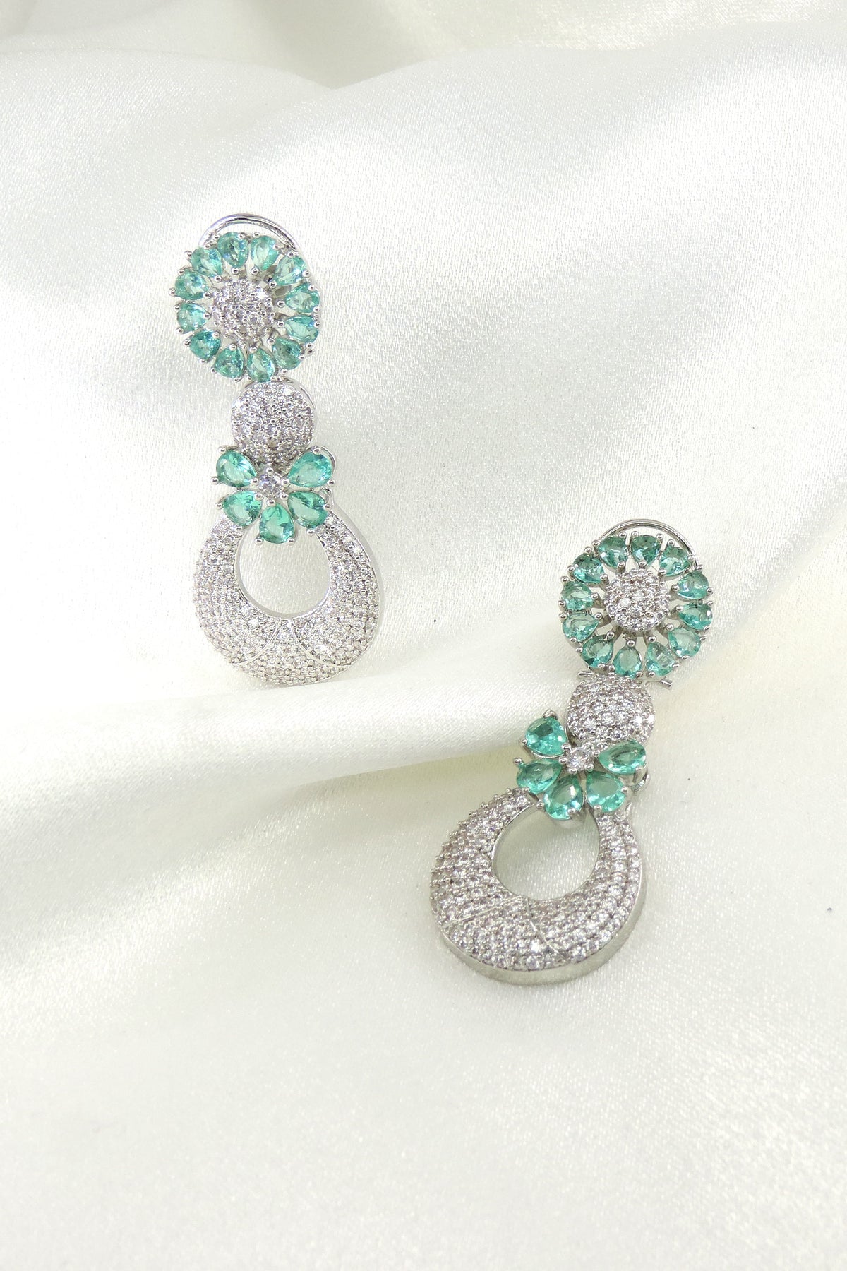 Luxury Mint Green Floral CZ Drop Earrings | Rhodium-Plated Statement Party Earrings for Women