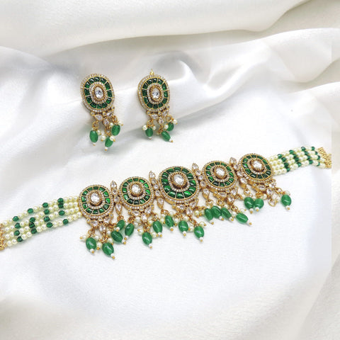 Green pearl CZ AD choker necklace set with matching earrings by joyrias
