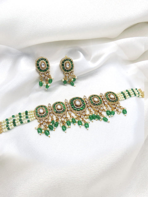 Green pearl CZ AD choker necklace set with matching earrings by joyrias