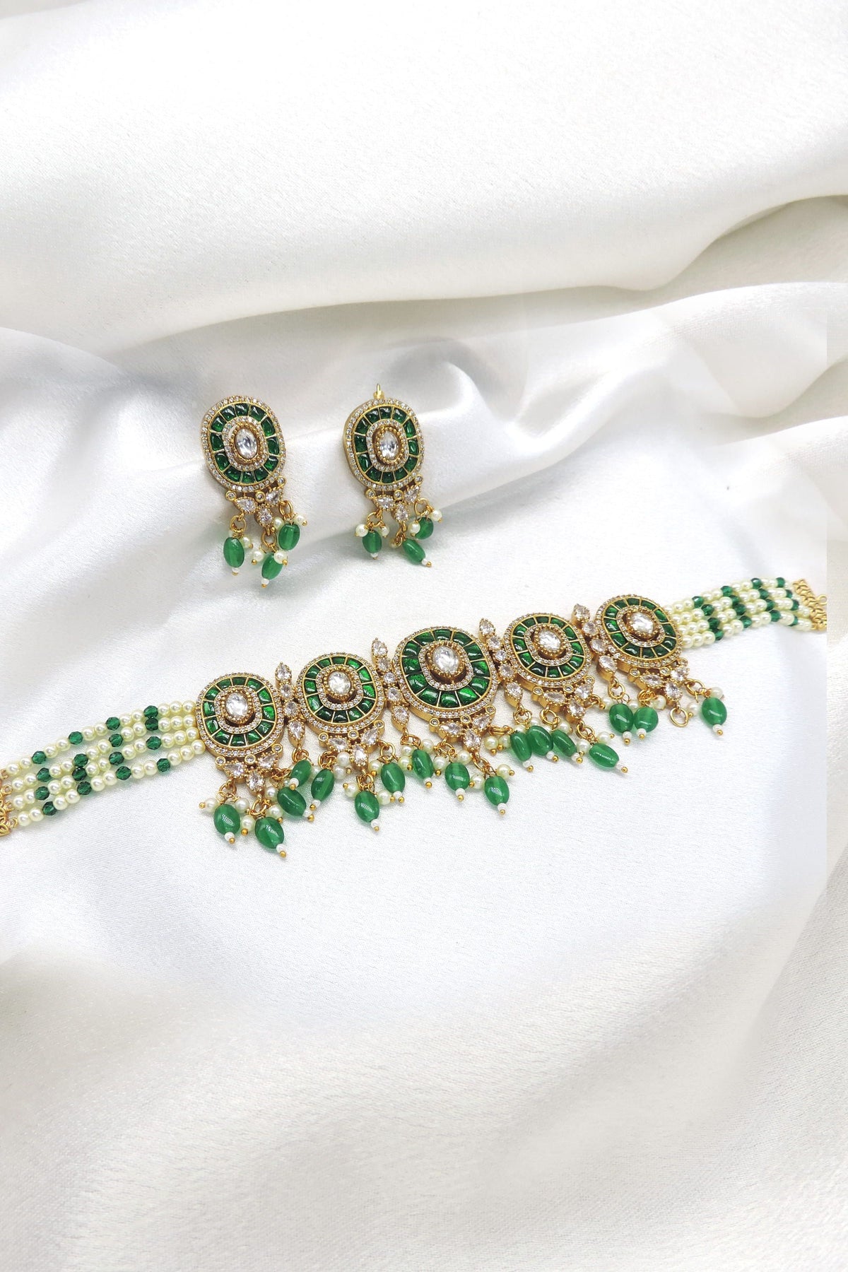 Green pearl CZ AD choker necklace set with matching earrings by joyrias