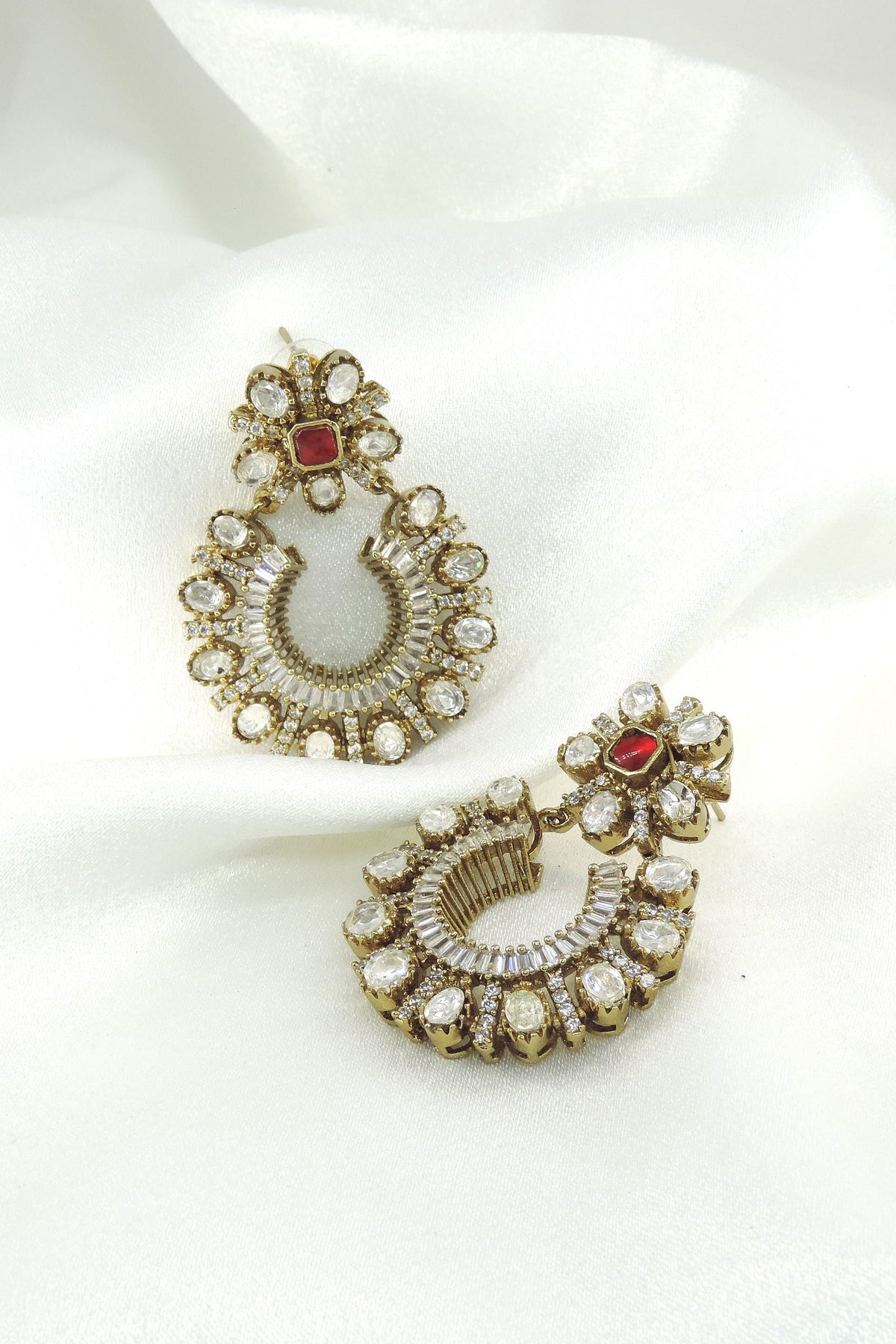 Ruby kundan hoop drop earrings by Joyrias