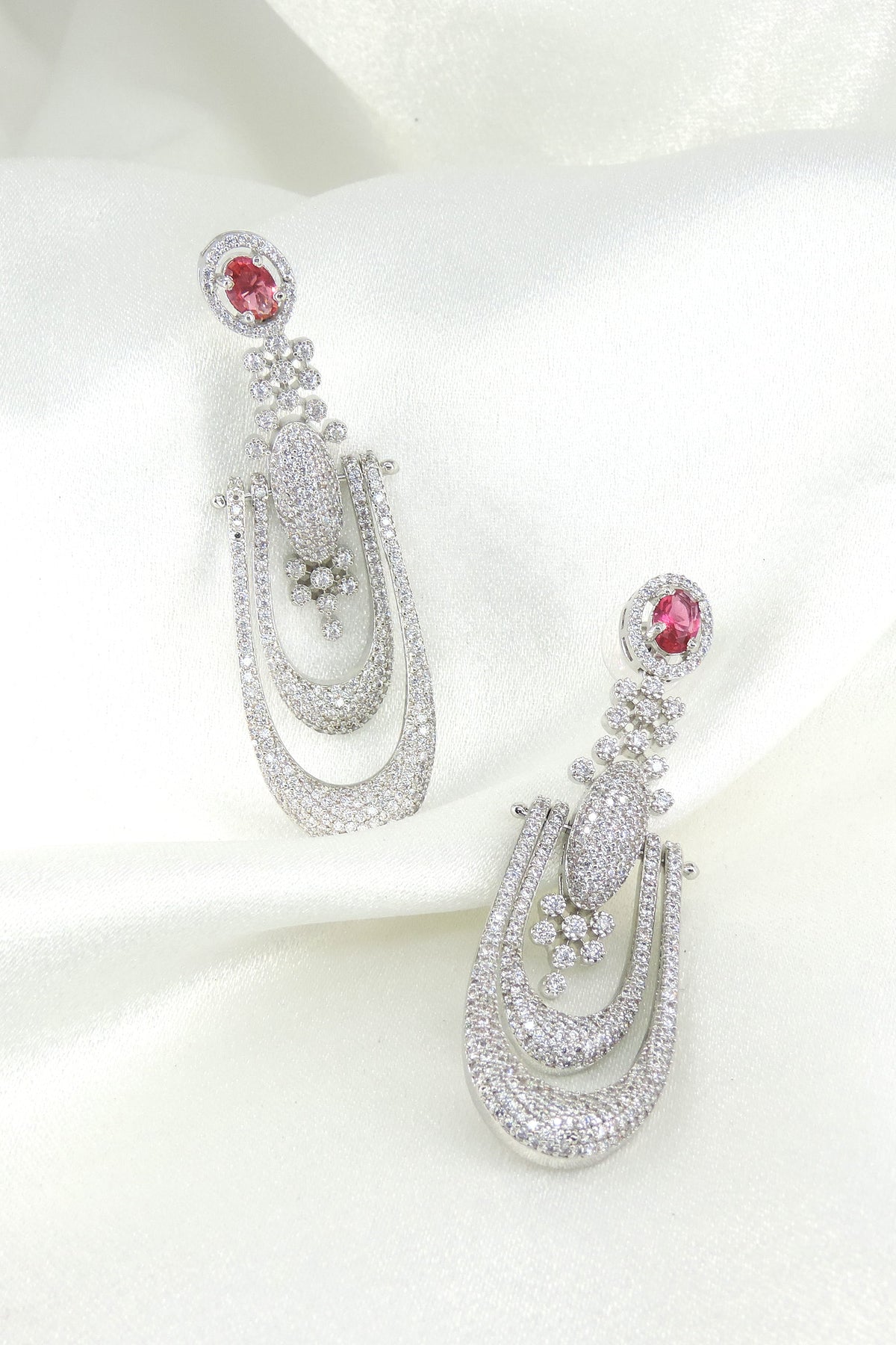 Pink zircon layered drop earrings by Joyrias
