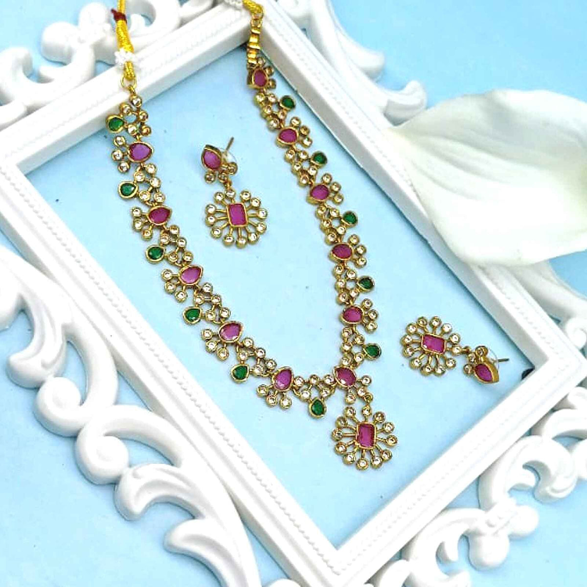 Gold plated ruby necklace set – Indian ruby stone necklace for weddings and festivals USA – Joyrias