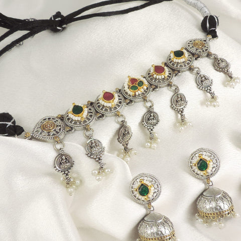 Green Red Oxidized Pearl Choker Necklace Set | Joyrias