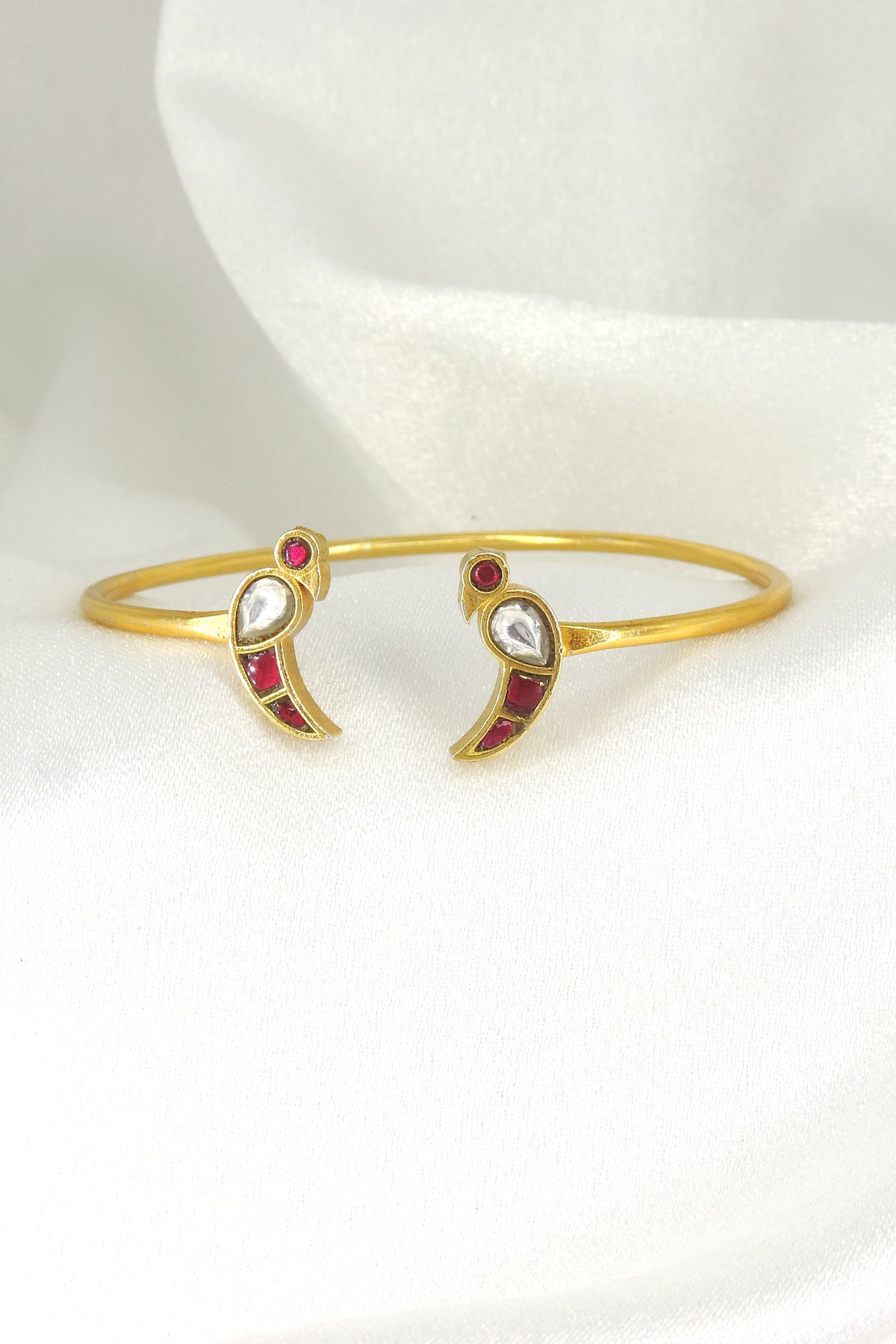 Ruby kundan parrot open cuff bangle by Joyrias