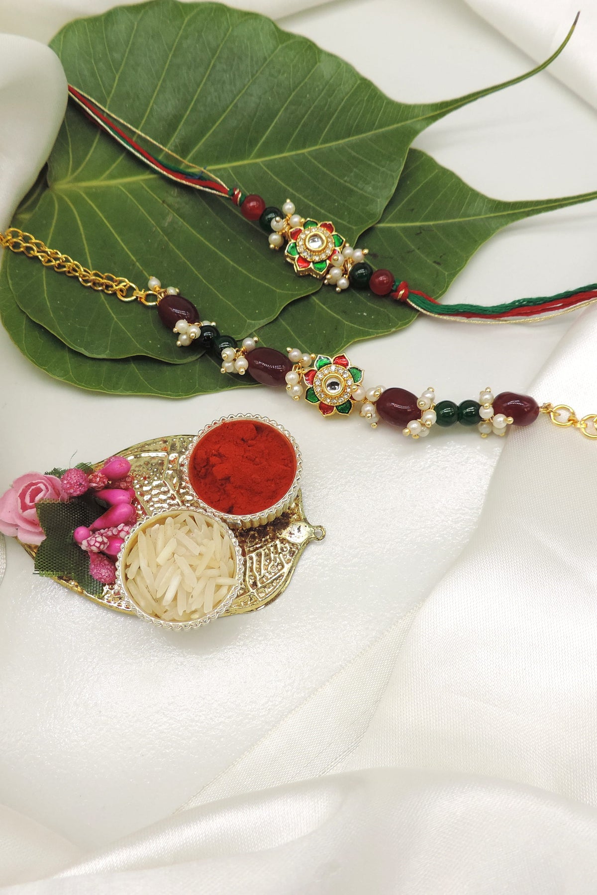 Floral Meenakari Kundan Bead Bhaiya Bhabhi Rakhi Set
