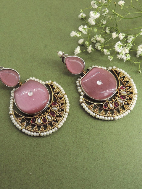 Oxidized pink stone chandbali earrings – Indian festive chandbali for weddings USA – Joyrias