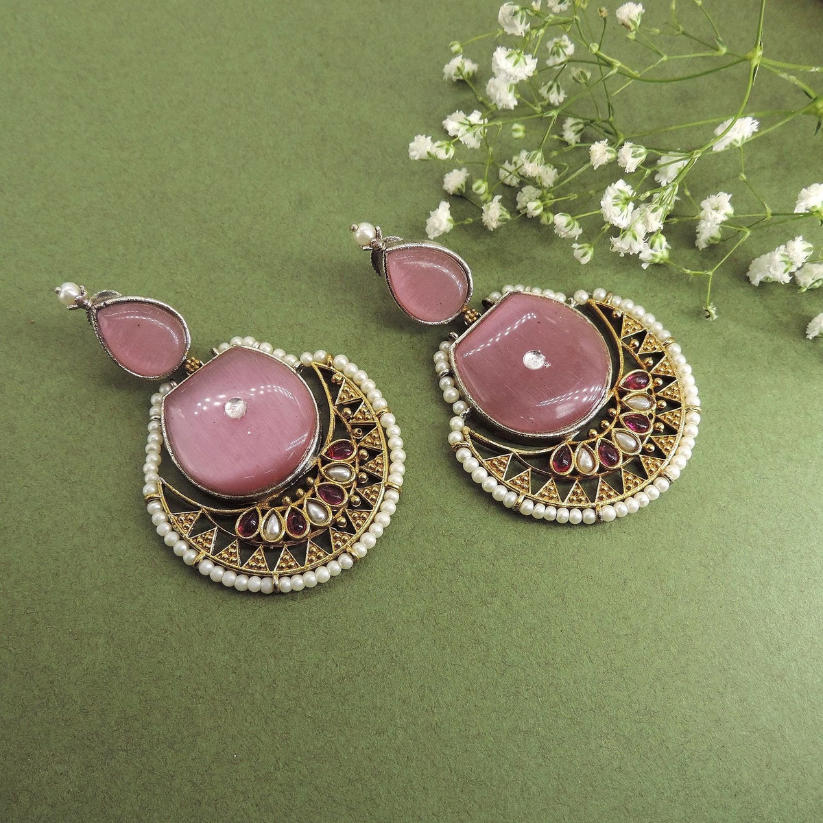 Oxidized pink stone chandbali earrings – Indian festive chandbali for weddings USA – Joyrias