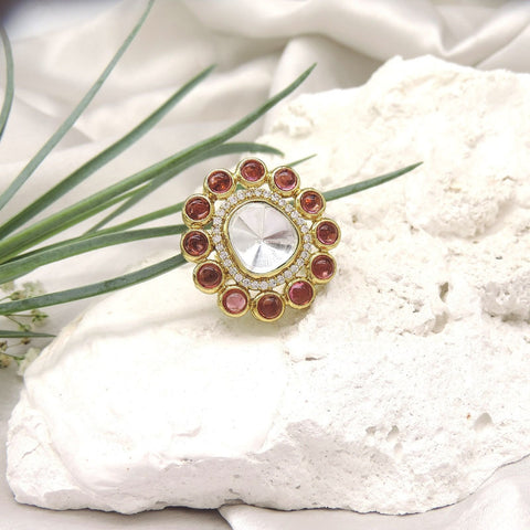 Round ruby accented Polki AD cocktail ring – Indian bridal ring for women USA – Joyrias