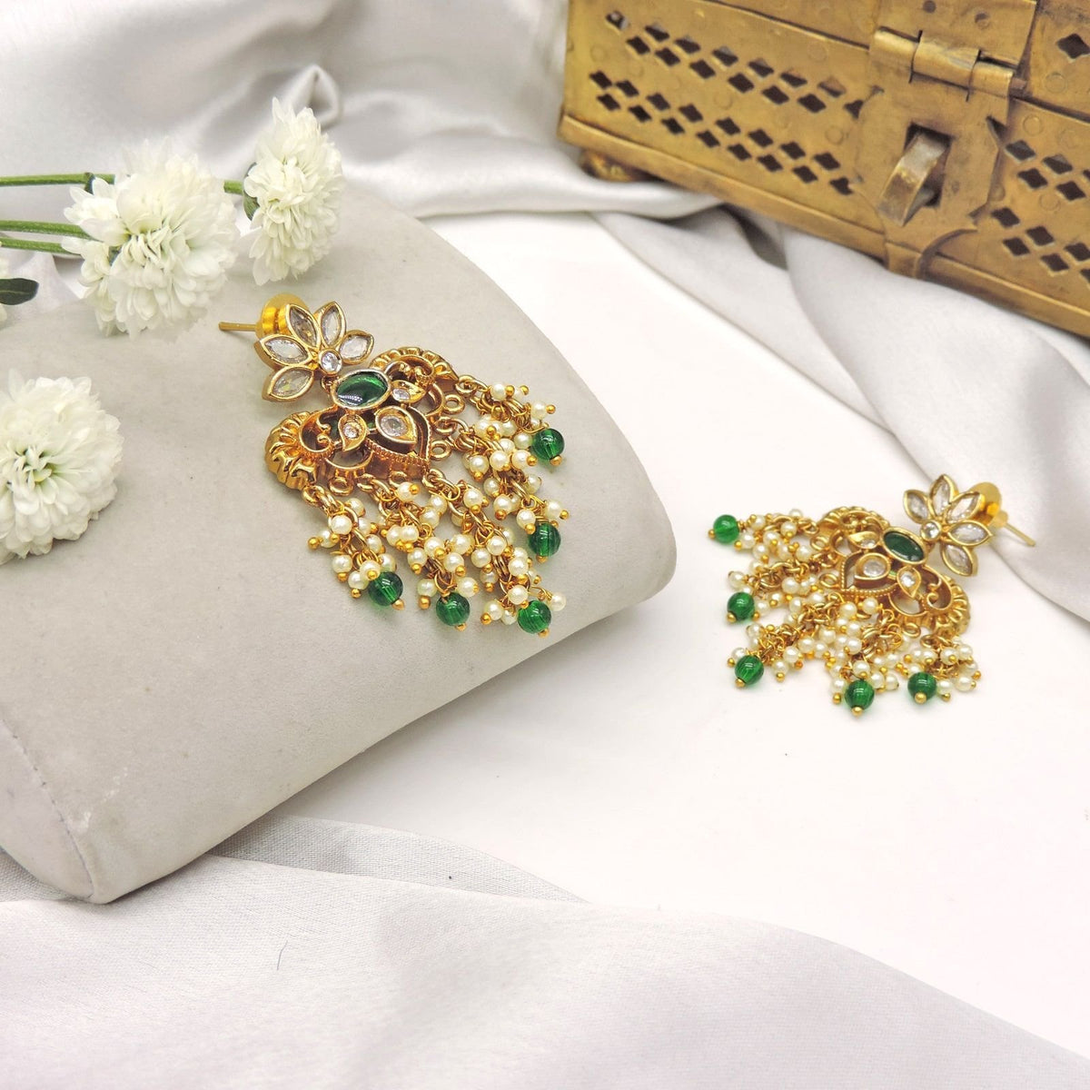 Emerald and pearl dangler earrings – Indian festive dangler earrings USA – Joyrias