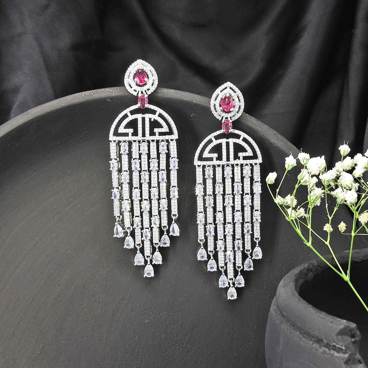 Long AD earrings with ruby – Indian American diamond long earrings for weddings USA – Joyrias