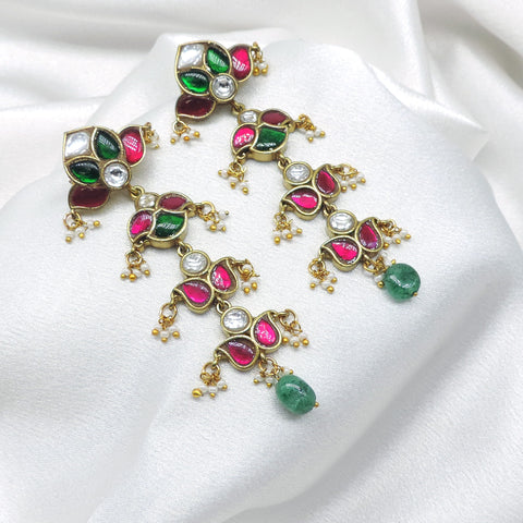 Green Pink Stone Drop Earrings by Joyrias