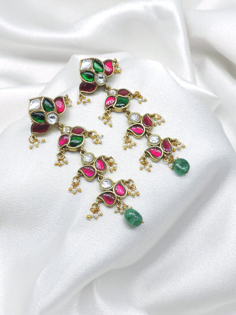 Green Pink Stone Drop Earrings by Joyrias