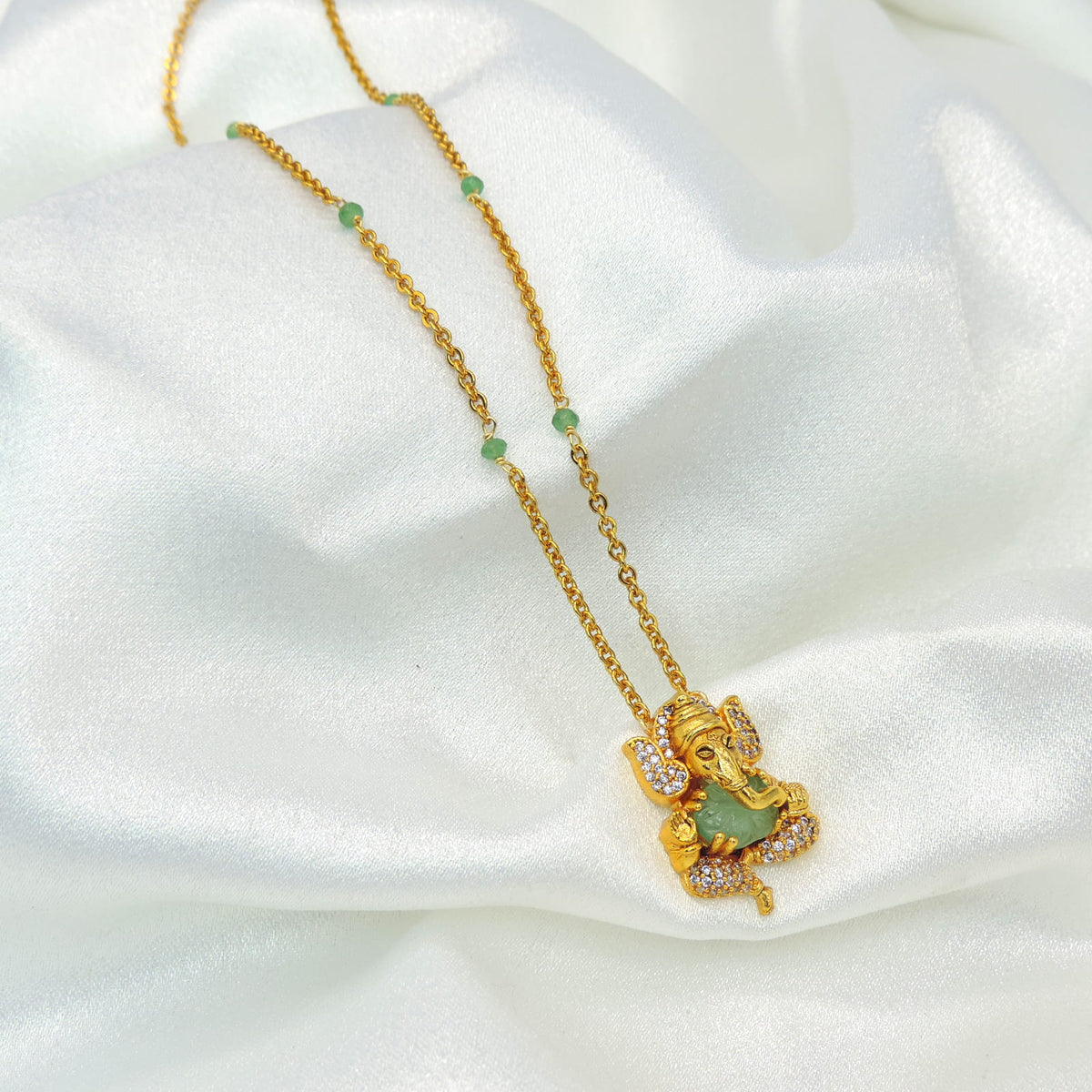 Elegant Lord Ganesha Pendant Necklace with Green Stone