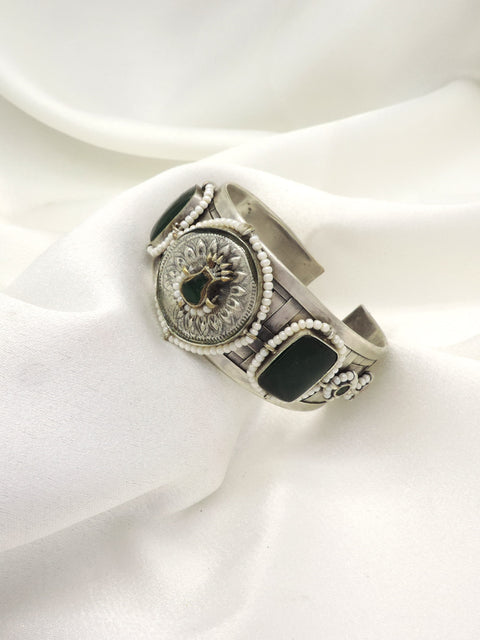 Oxidized Silver Green Stone Statement Cuff Bracelet