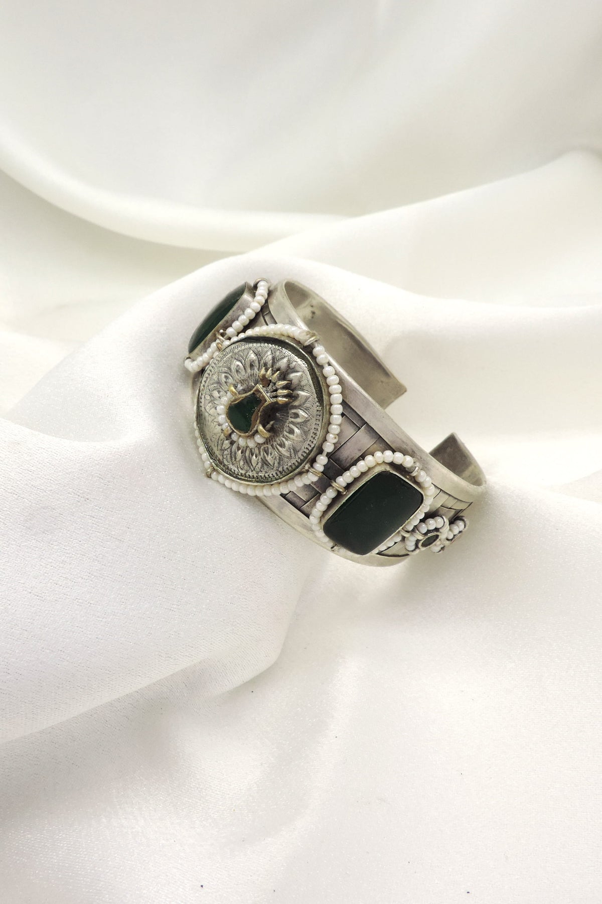 Oxidized Silver Green Stone Statement Cuff Bracelet