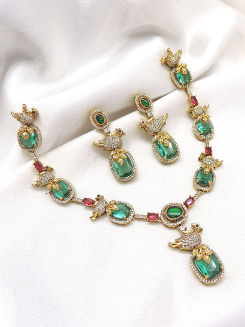 Emerald ruby peacock CZ AD necklace set with matching earrings by joyrias