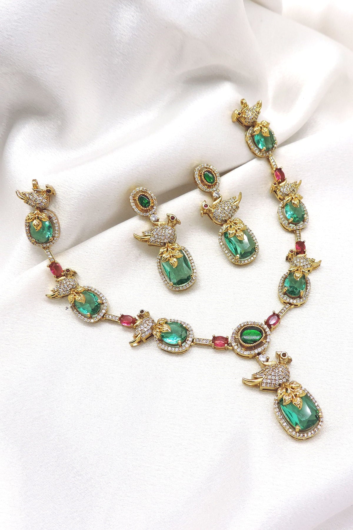 Emerald ruby peacock CZ AD necklace set with matching earrings by joyrias