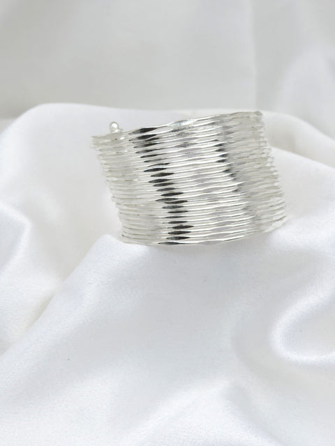 Silver-toned layered textured openable bangle set by joyrias