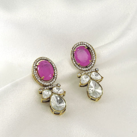 Pink stone kundan drop earrings by Joyrias