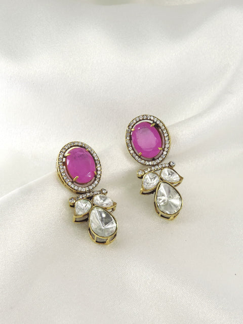 Pink stone kundan drop earrings by Joyrias