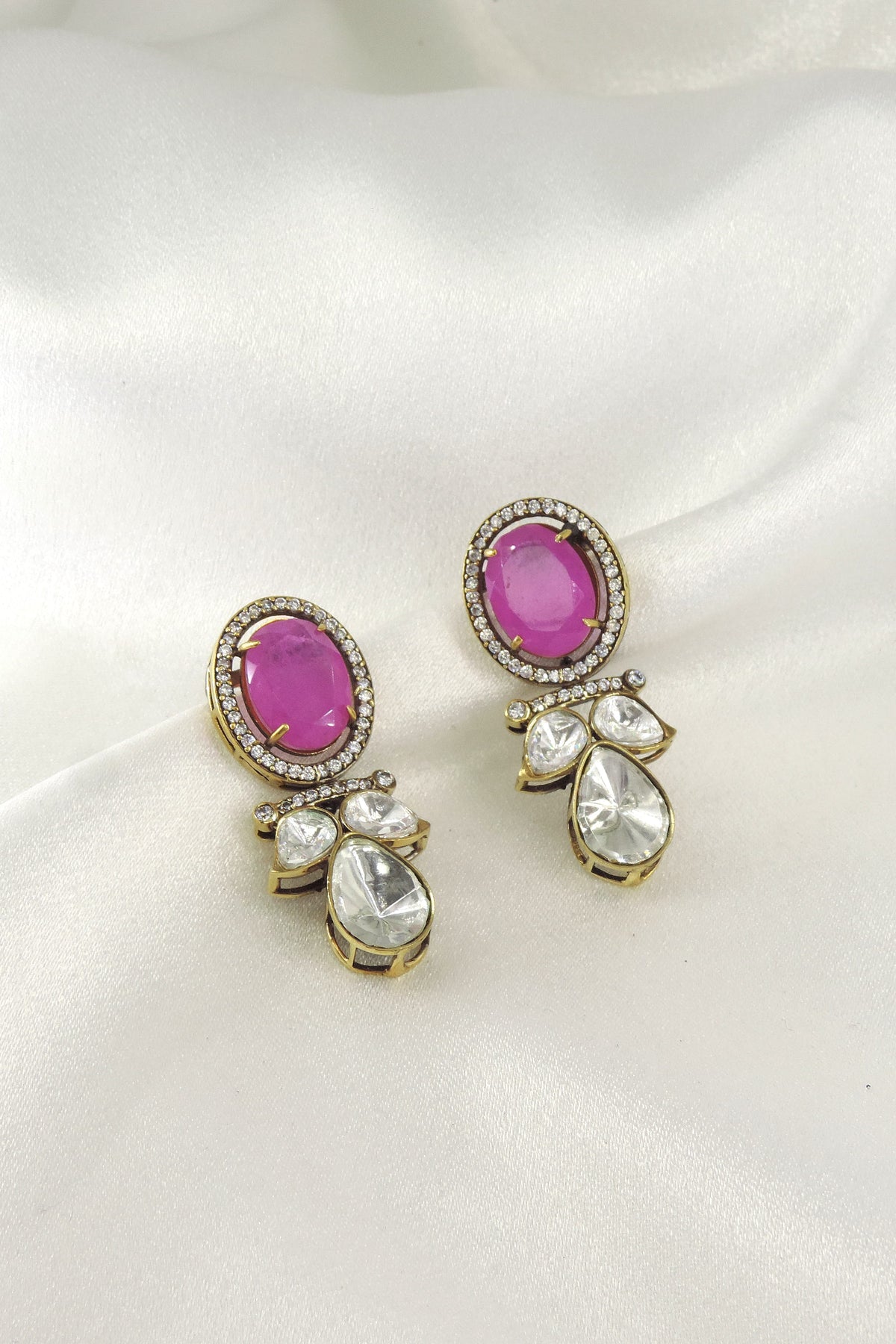 Pink stone kundan drop earrings by Joyrias