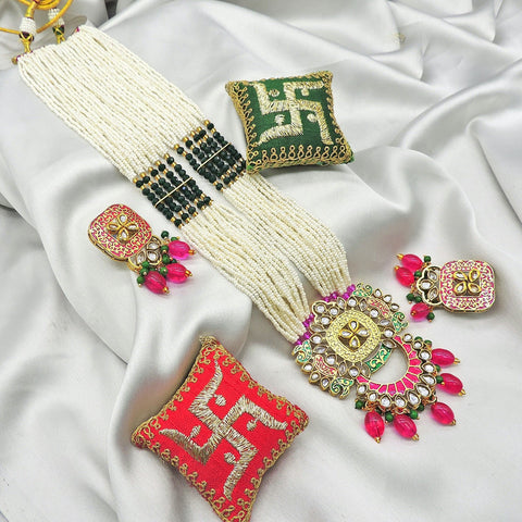 Traditional beaded necklace set with pink and gold pendant – Indian beaded necklace USA – Joyrias