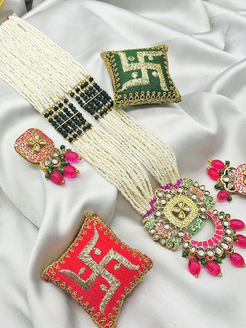 Traditional beaded necklace set with pink and gold pendant – Indian beaded necklace USA – Joyrias