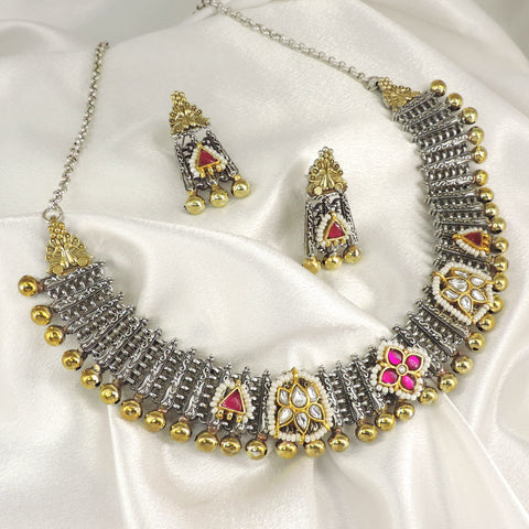 Dual Tone Floral Oxidized Choker Set by Joyrias