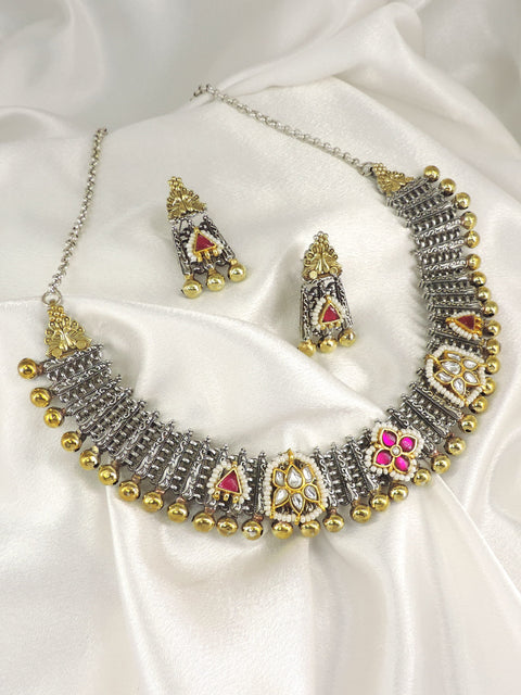 Dual Tone Floral Oxidized Choker Set by Joyrias