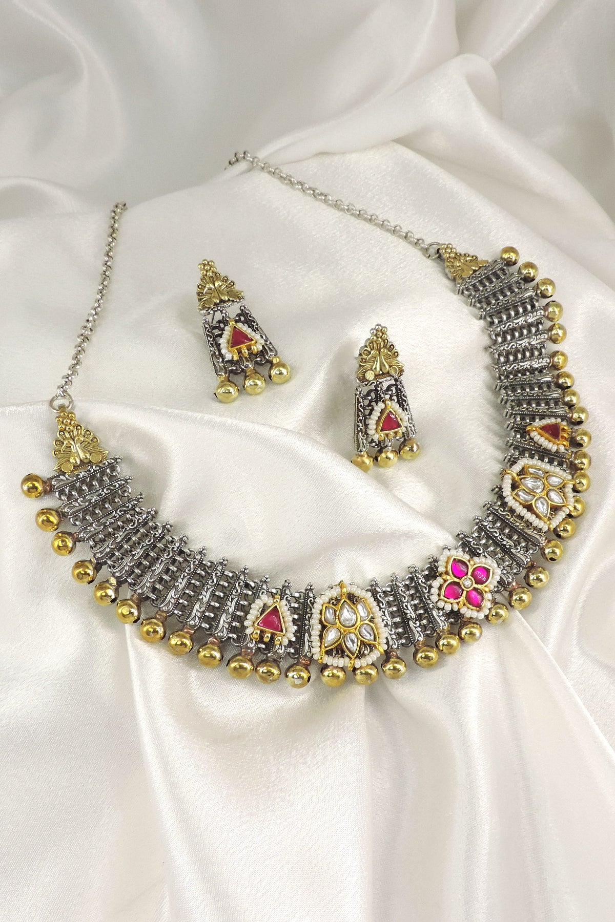 Dual Tone Floral Oxidized Choker Set by Joyrias