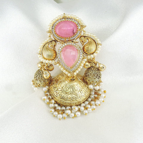 Pink Kundan Jhumka Earrings with Pearl Tassels | Traditional Indian Statement Earrings