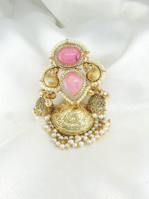 Pink Kundan Jhumka Earrings with Pearl Tassels | Traditional Indian Statement Earrings