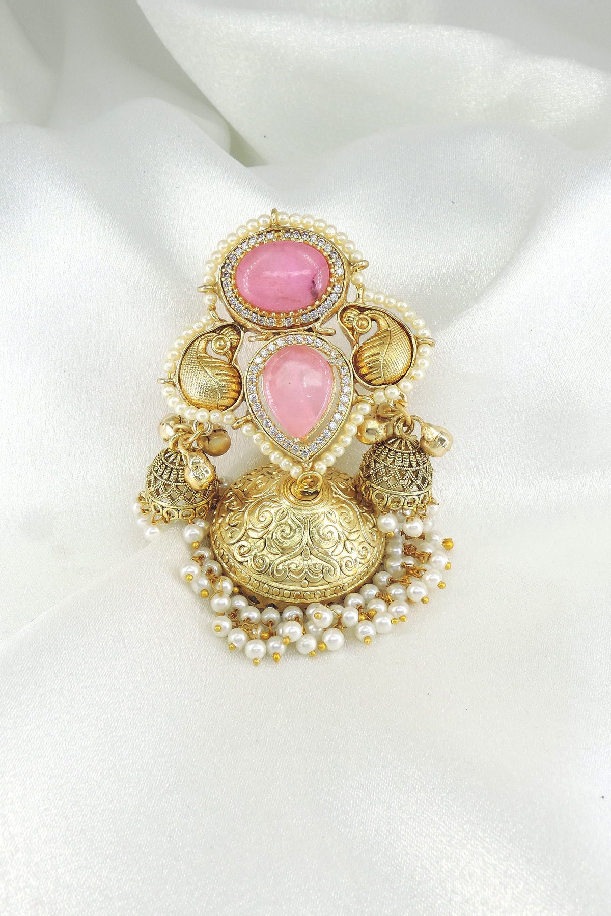 Pink Kundan Jhumka Earrings with Pearl Tassels | Traditional Indian Statement Earrings