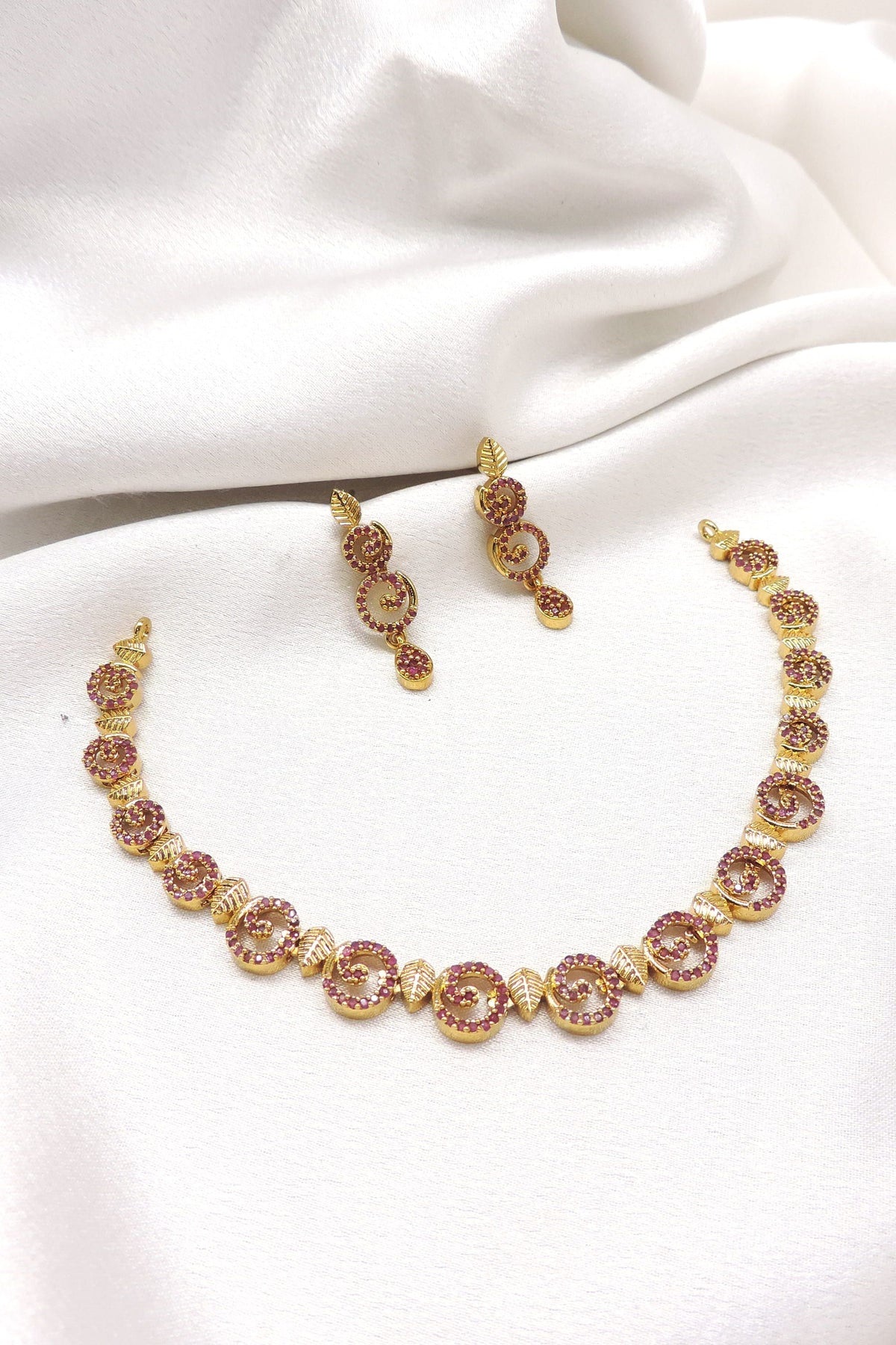 Ruby CZ AD leaf necklace set with matching drop earrings by joyrias