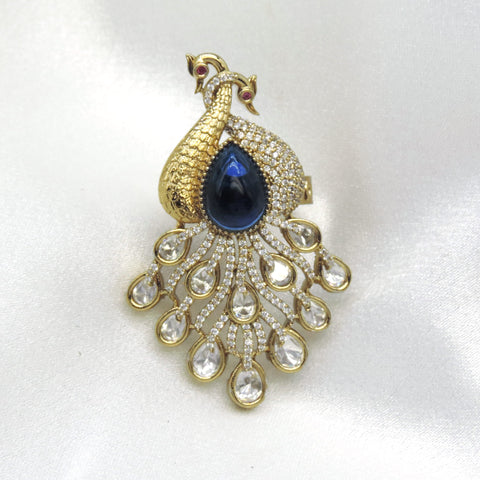 Royal Blue Peacock Kundan Statement Ring – Gold Tone
