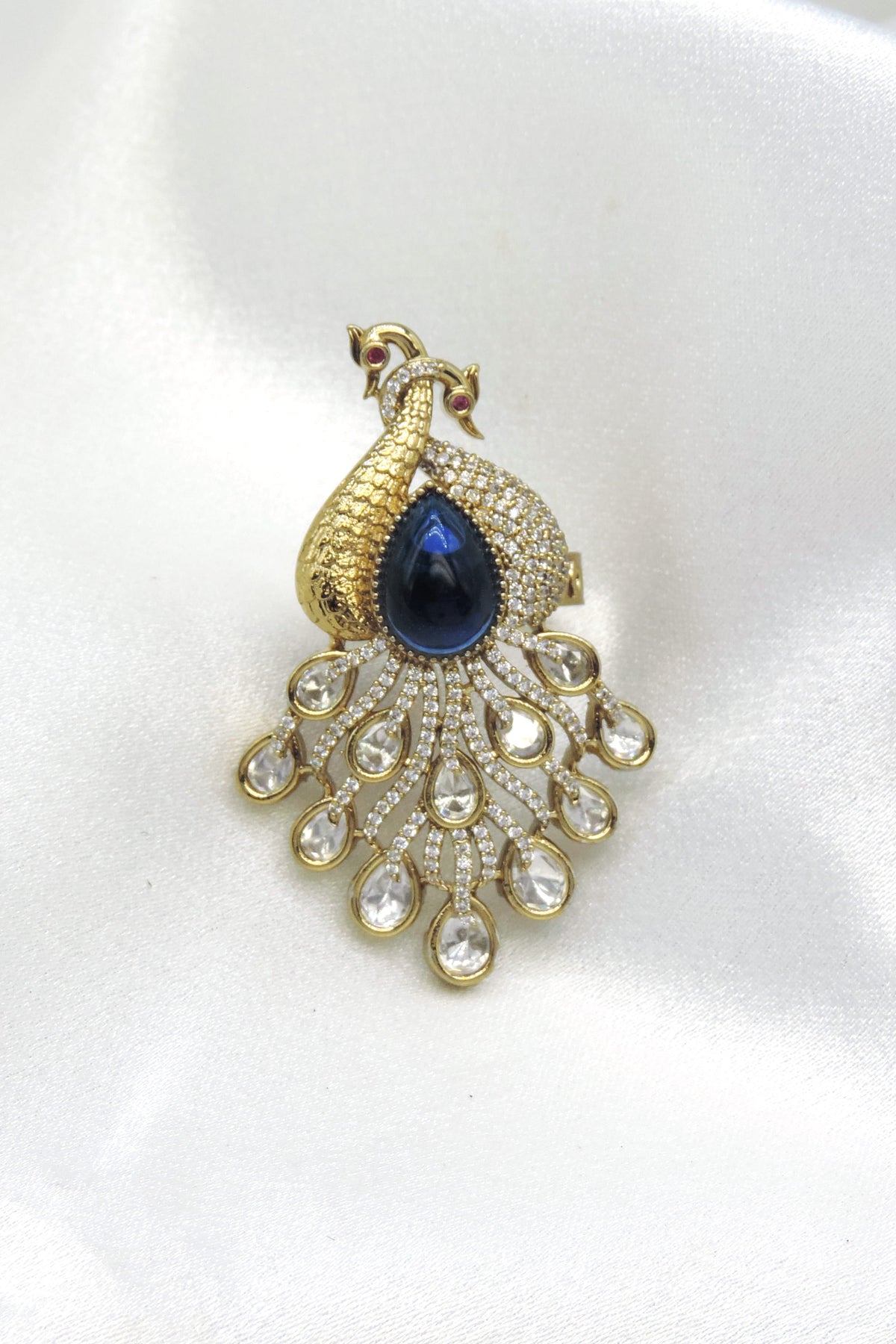 Royal Blue Peacock Kundan Statement Ring – Gold Tone