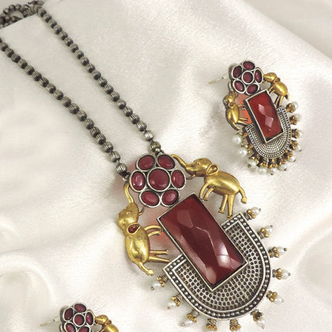 Maroon Elephant Oxidized Necklace Set | Joyrias